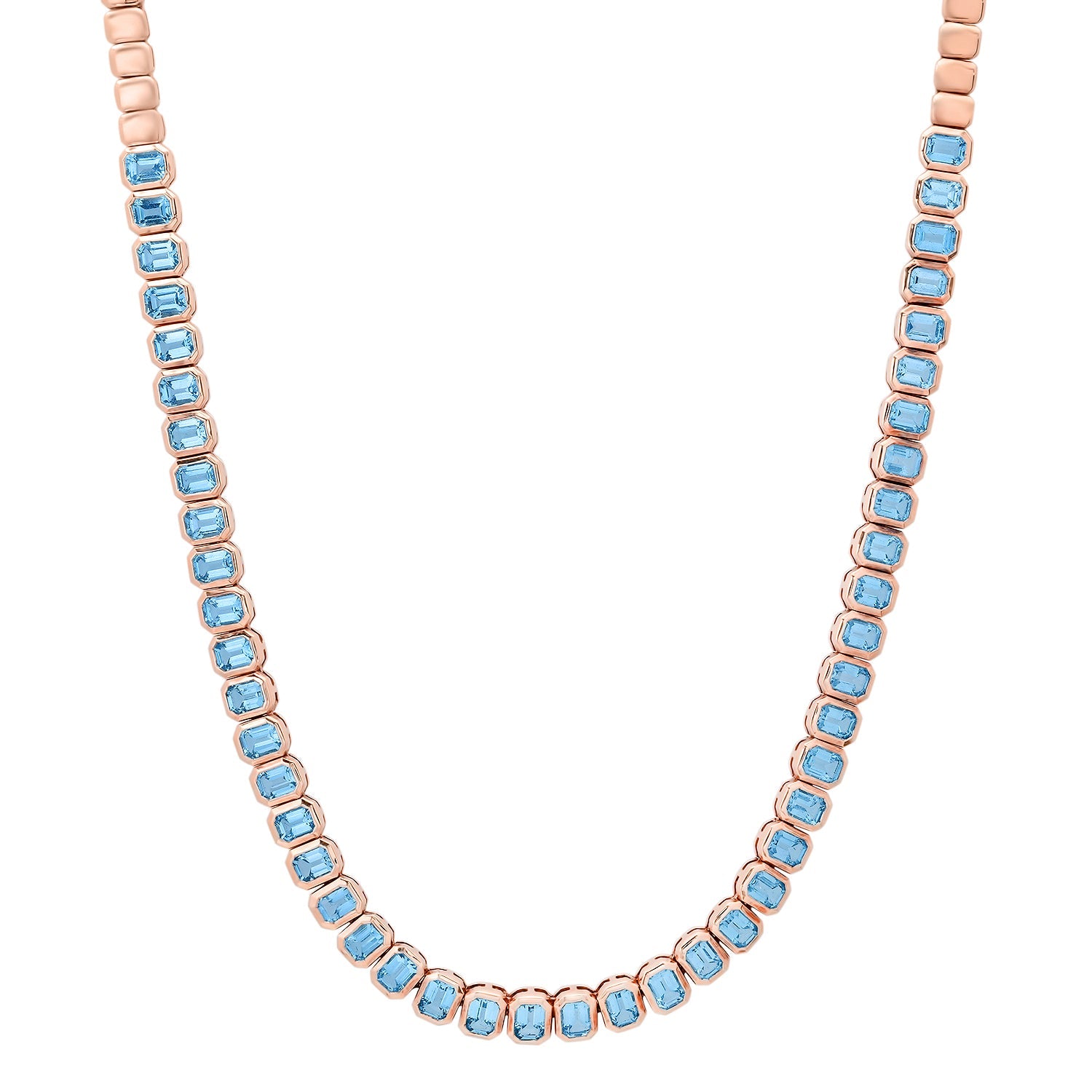 Emerald Cut Bezel Set Blue Topaz Half Tennis Necklace
