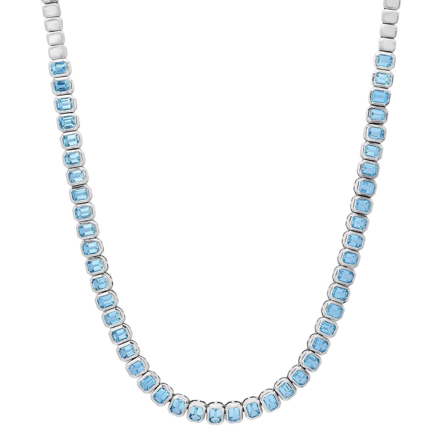Emerald Cut Bezel Set Blue Topaz Half Tennis Necklace