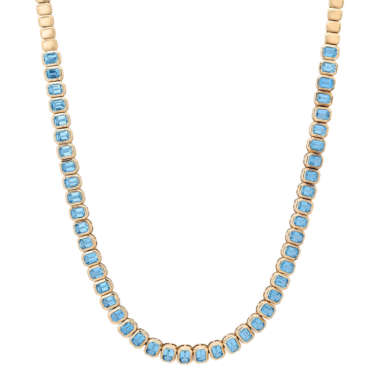 Emerald Cut Bezel Set Blue Topaz Half Tennis Necklace