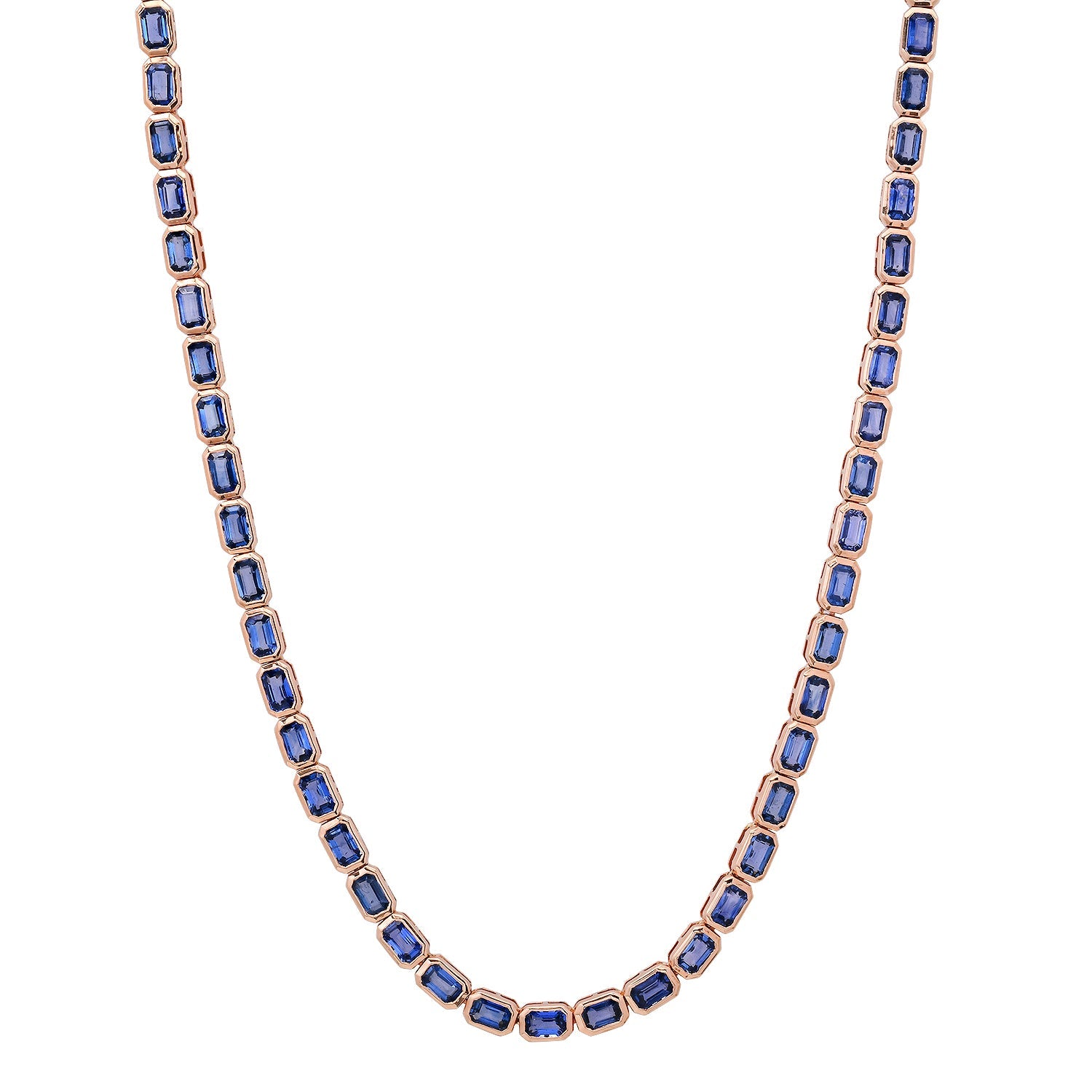 East West Emerald Cut Blue Sapphire Bezel Tennis Necklace