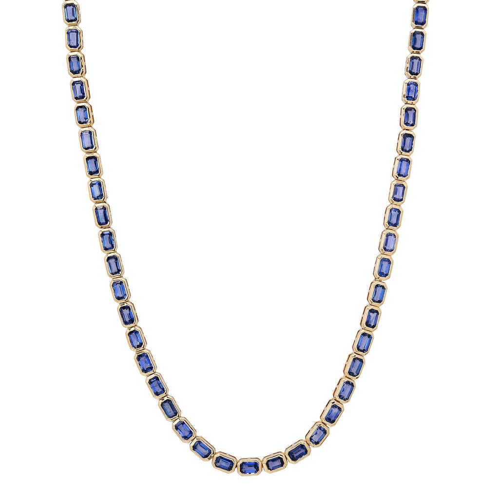 East West Emerald Cut Blue Sapphire Bezel Tennis Necklace