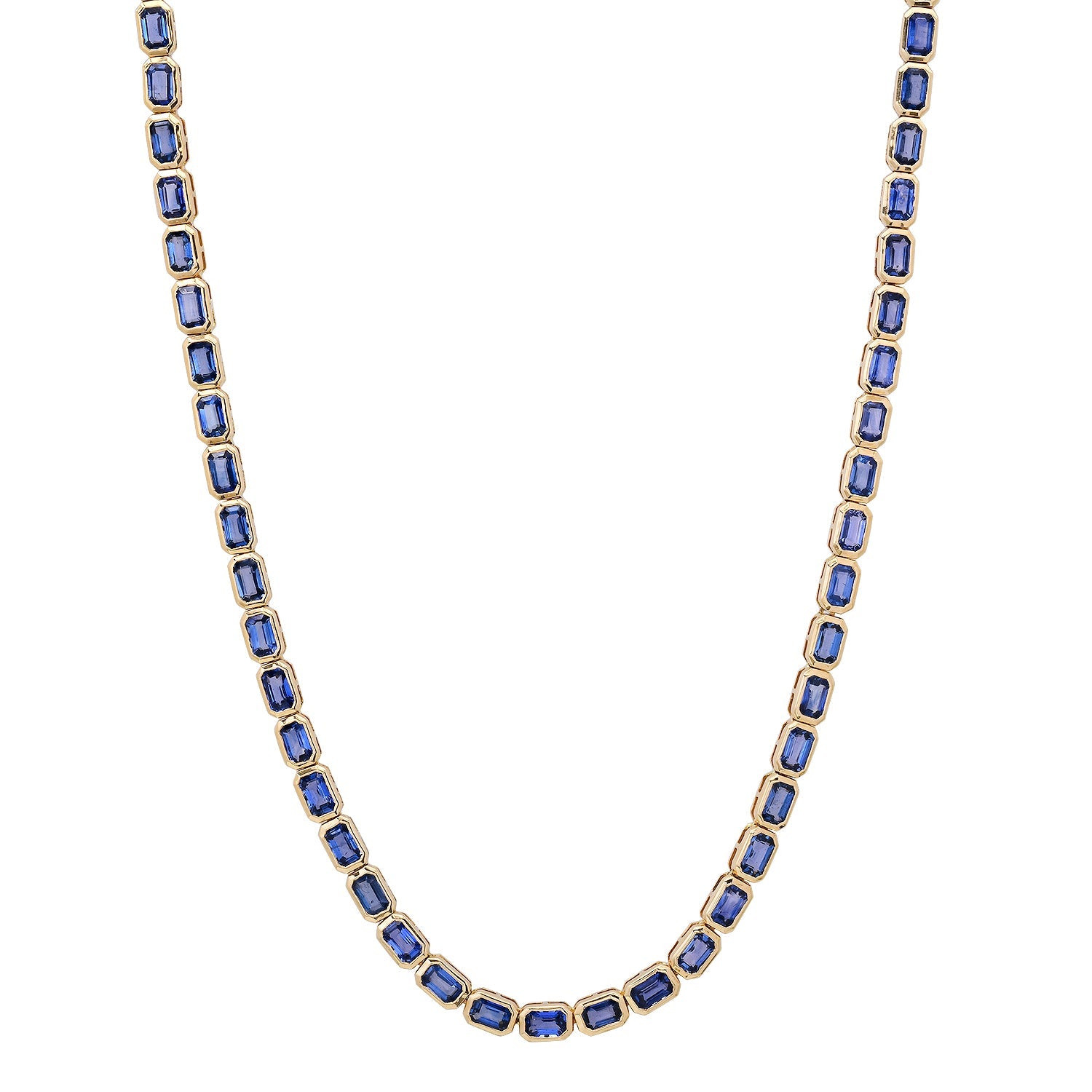 East West Emerald Cut Blue Sapphire Bezel Tennis Necklace