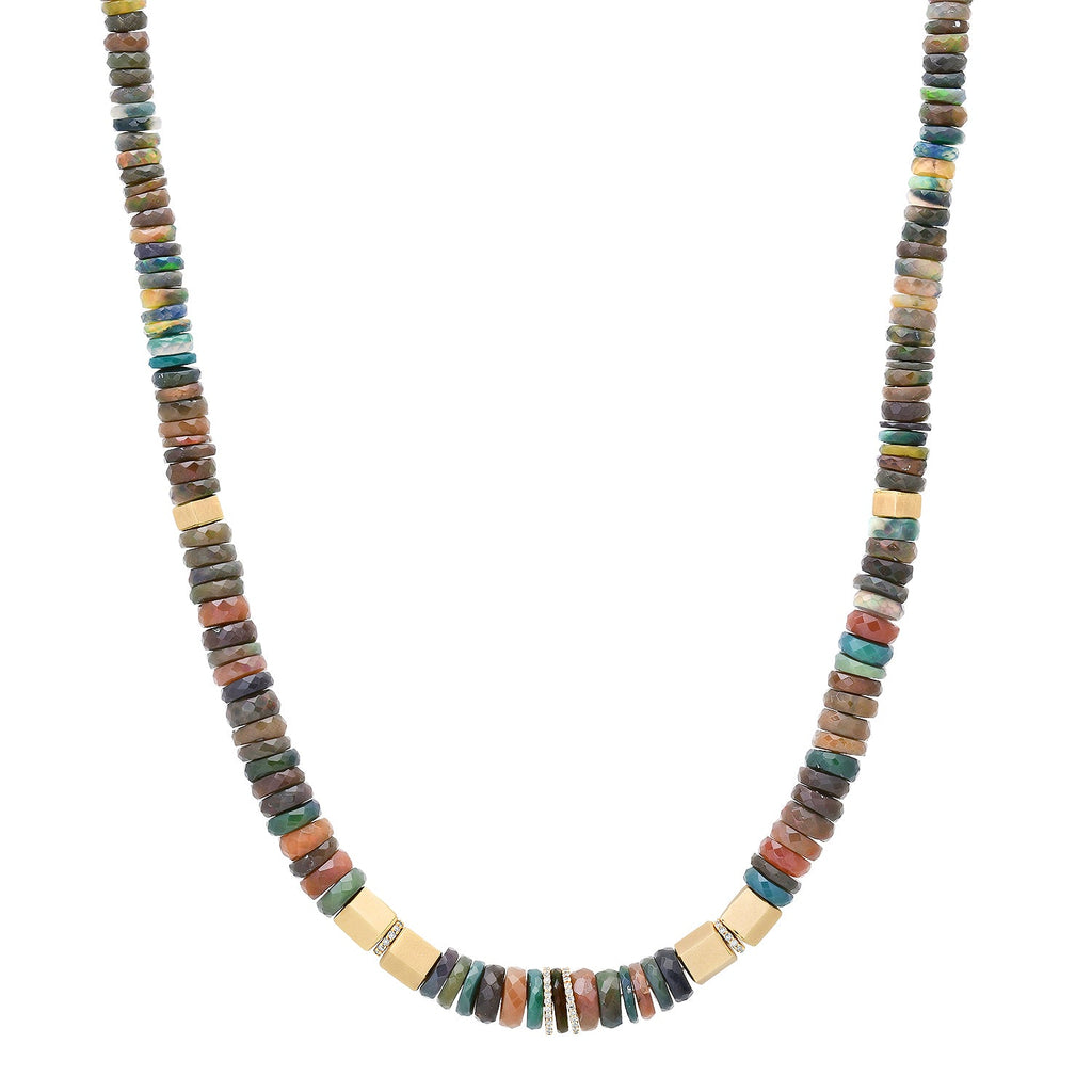 Faceted Black Opal Necklace with Hexagon Gold Beads & Pave Rondelles
