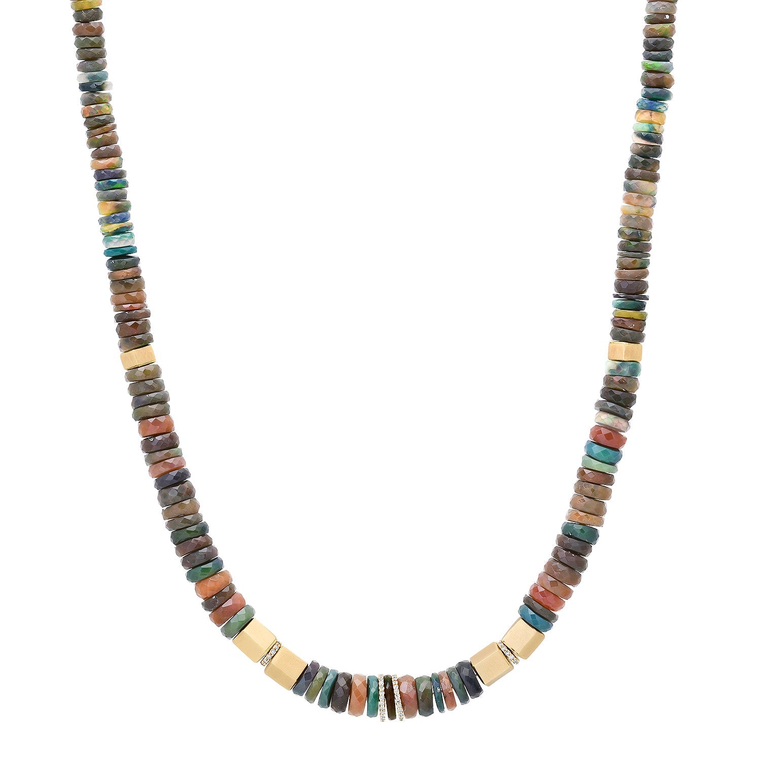 Faceted Black Opal Necklace with Hexagon Gold Beads & Pave Rondelles