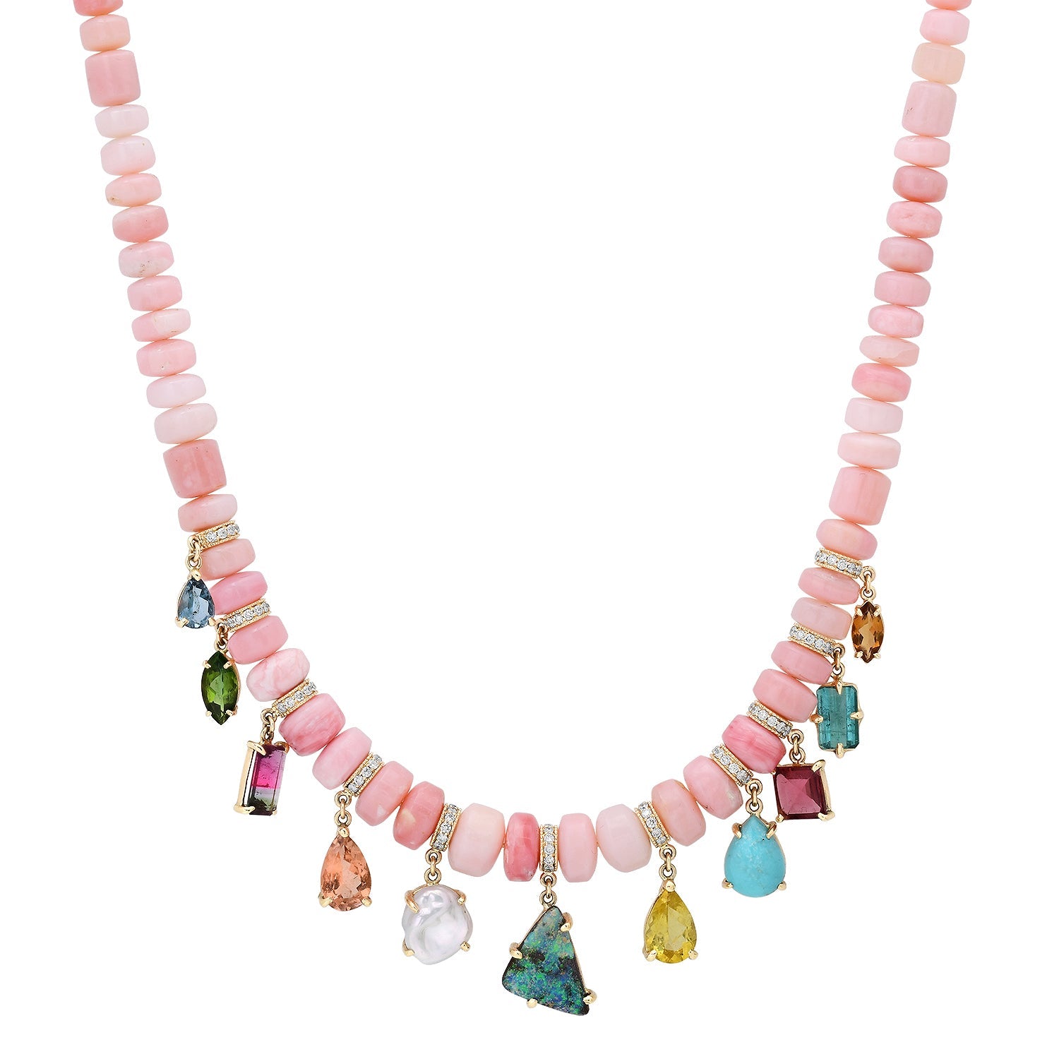 Graduated Pink Opal Beaded Necklace with Pave Diamond Gemstone Shakers