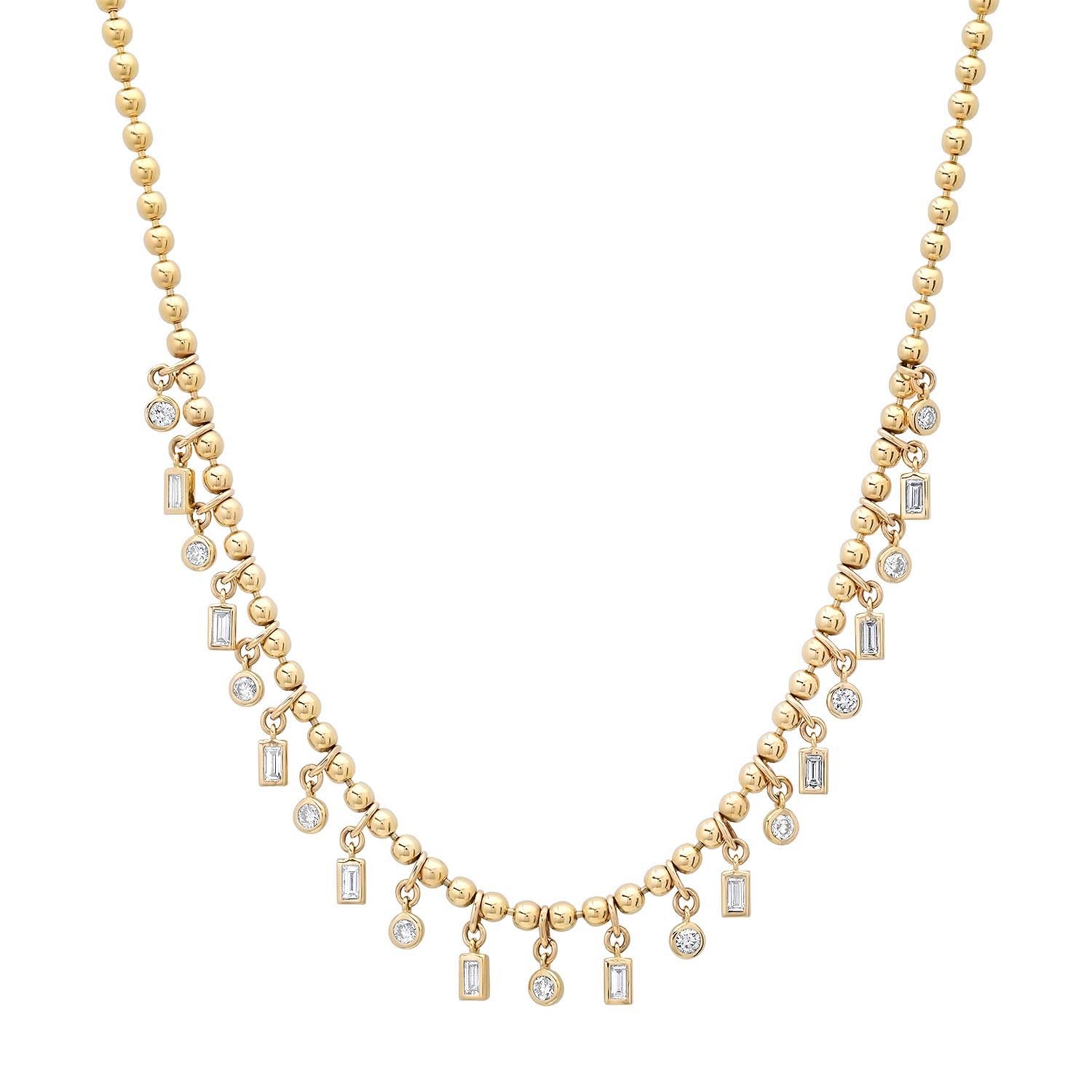Gold Ball Chain Necklace with Round & Emerald Cut Diamond Shakers