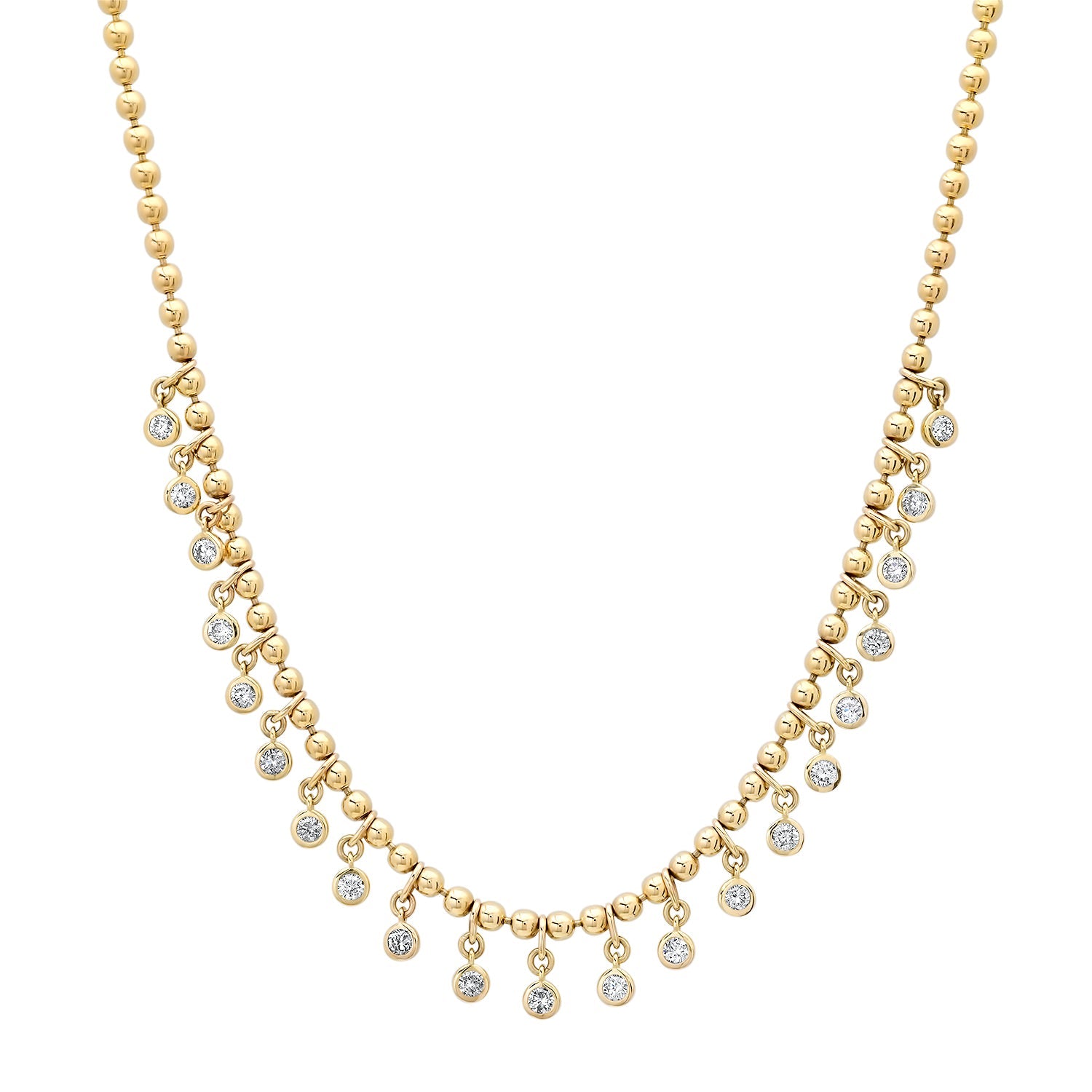 Gold Ball Chain Necklace with Round Diamond Shakers