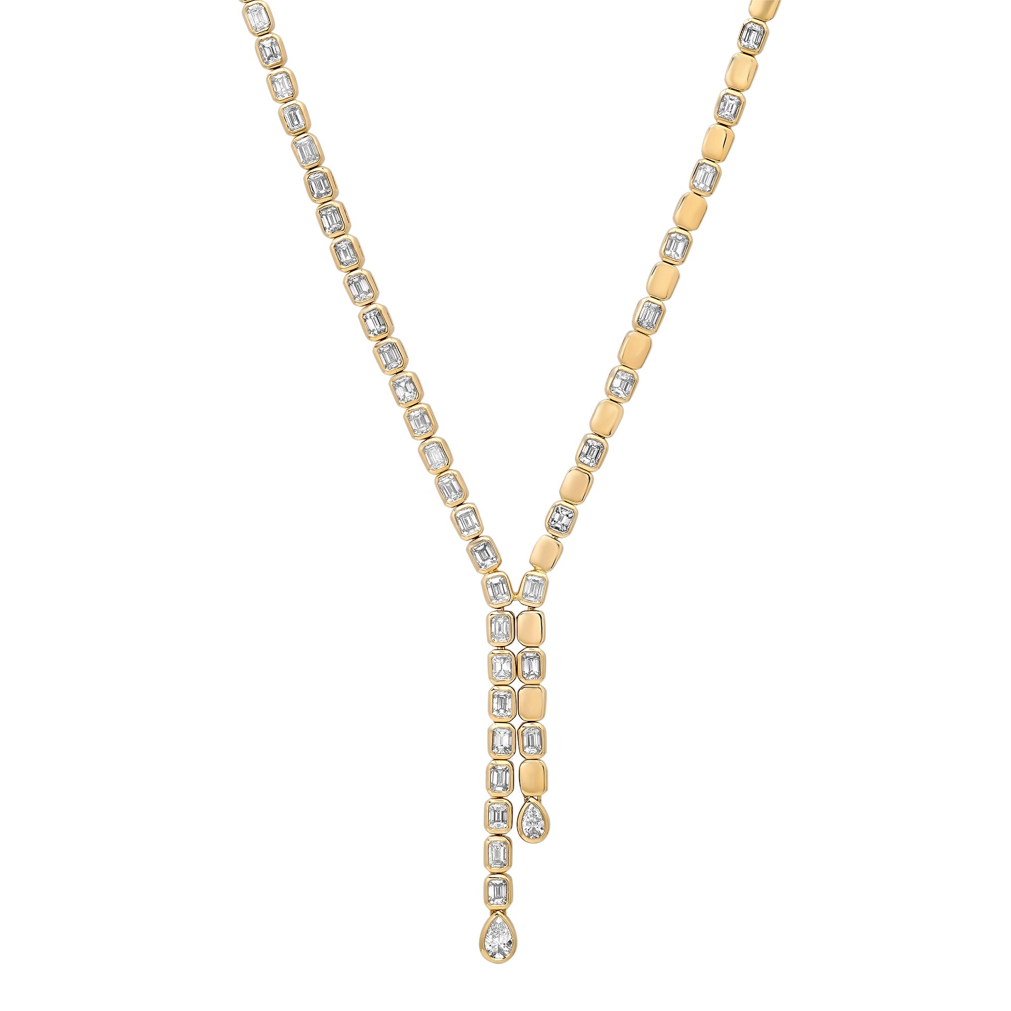Double Drop Emerald Cut Diamond Tennis Lariat Necklace