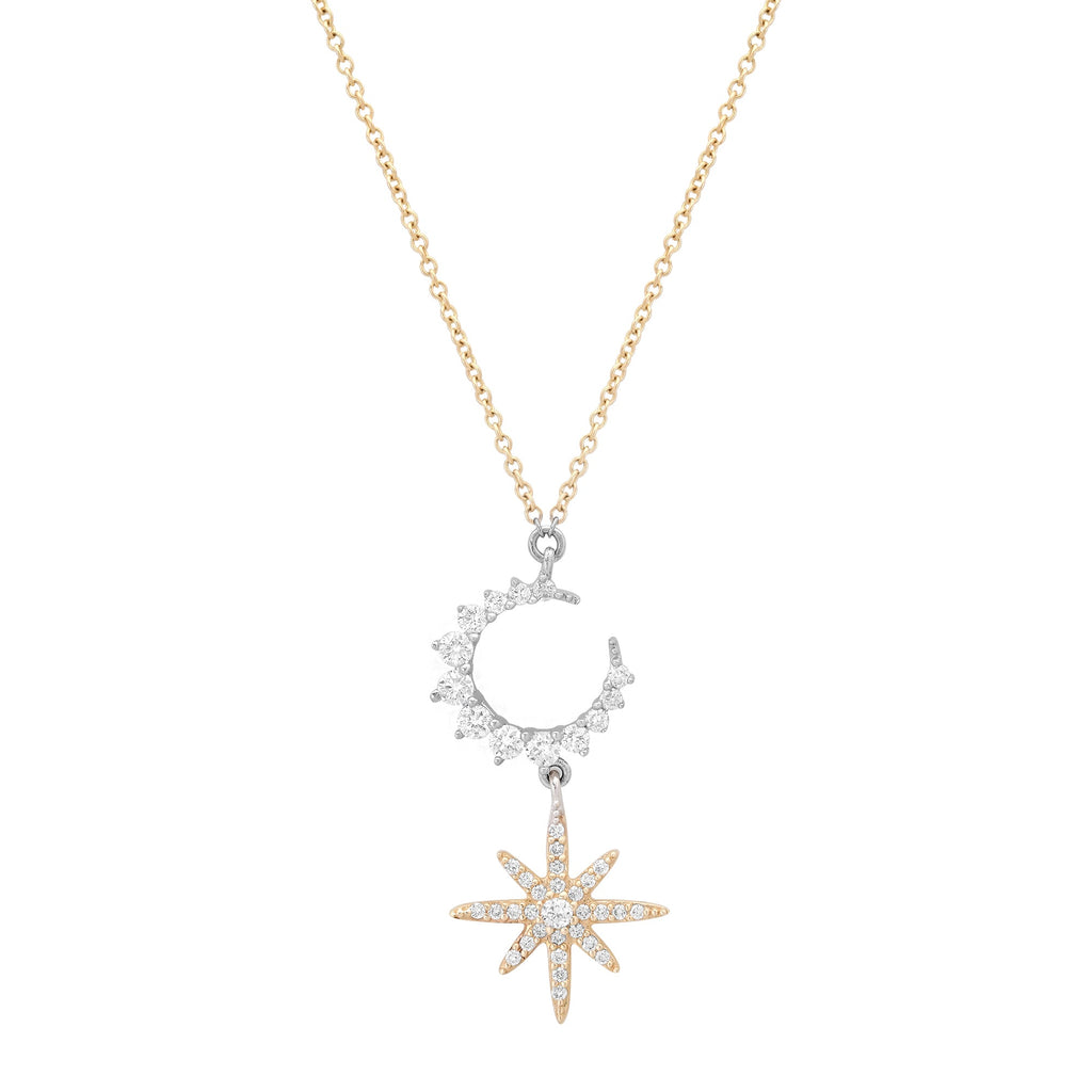 Diamond Crescent Moon & Star Dangle Necklace