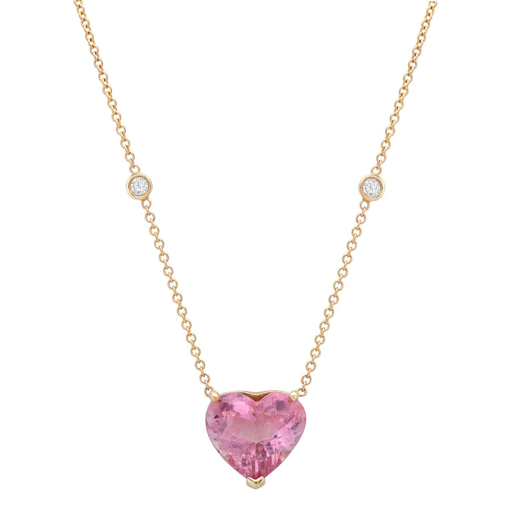Large Pink Tourmaline Heart & Diamond Bezels Gem Candy Necklace