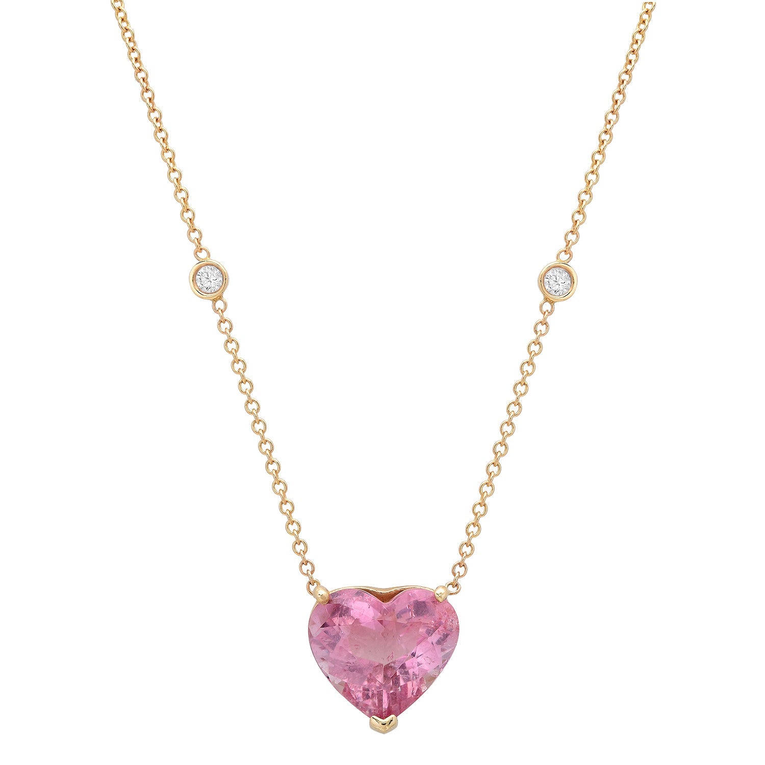 Large Pink Tourmaline Heart & Diamond Bezels Gem Candy Necklace