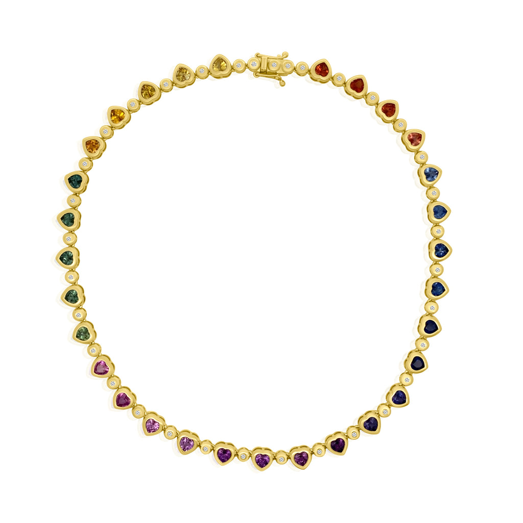 Mixed Sapphire & Diamond Bezel Set Heart Tennis Necklace