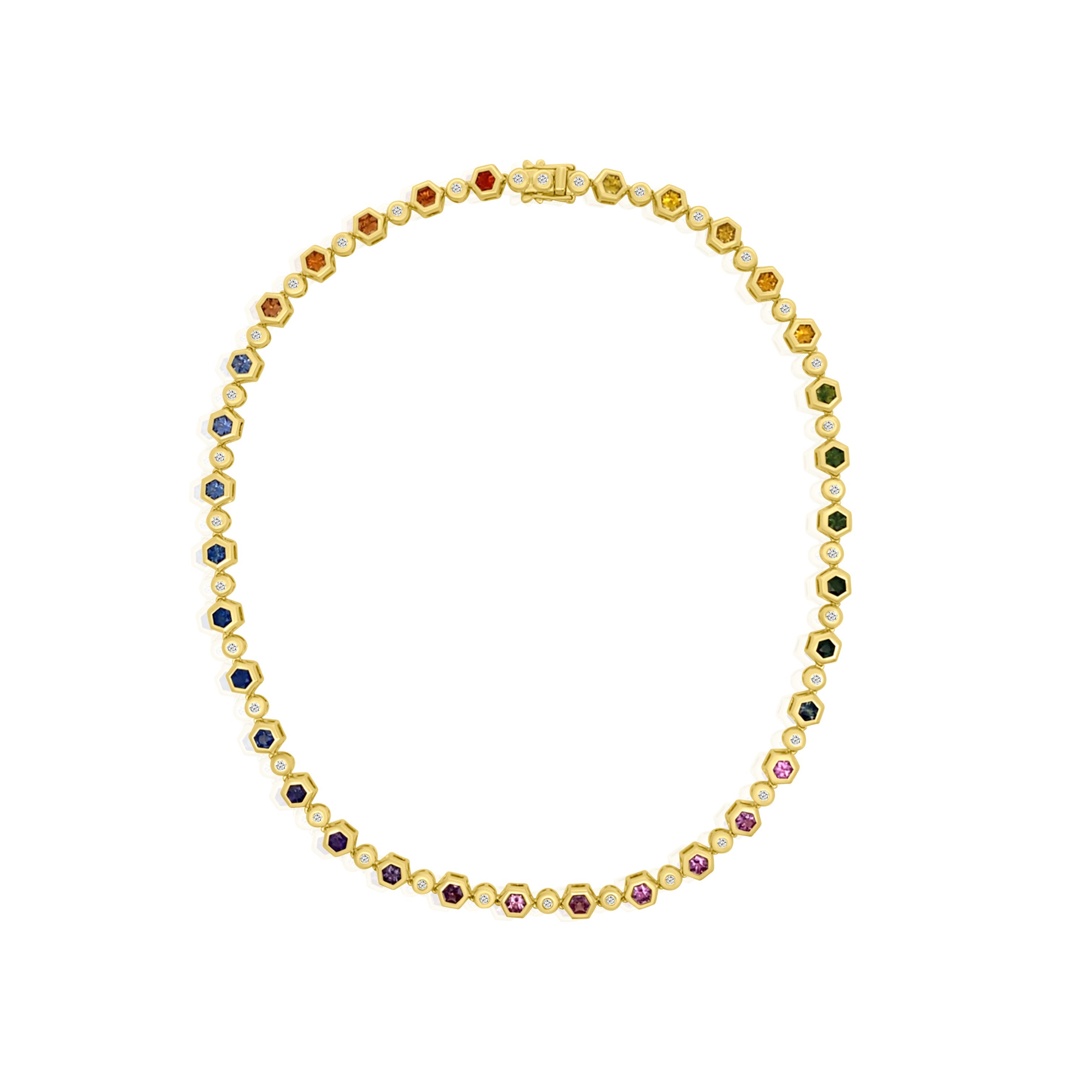 Mixed Sapphire & Diamond Bezel Set Hexagon Tennis Necklace
