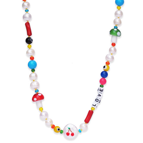 Fuck Off or Love Beaded Necklace with Icons & Hand Painted Pearl