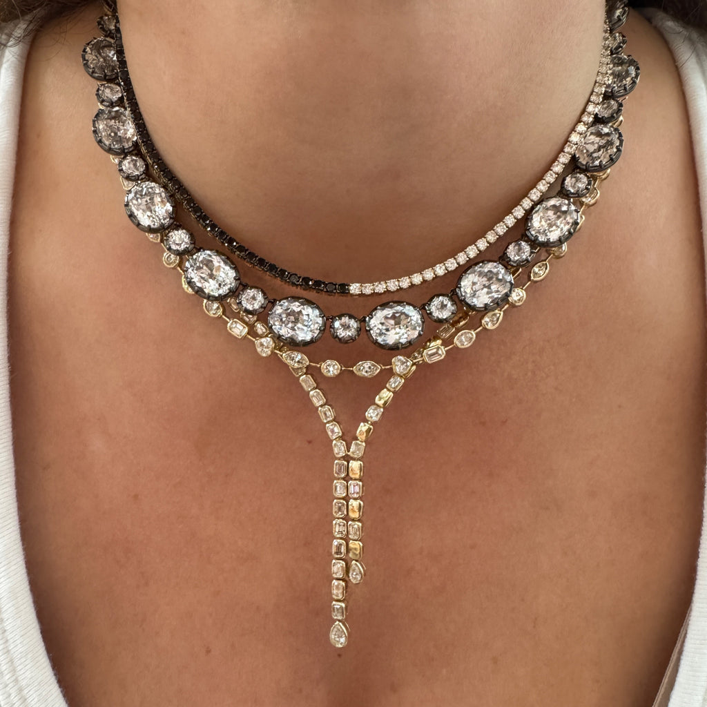 Double Drop Emerald Cut Diamond Tennis Lariat Necklace