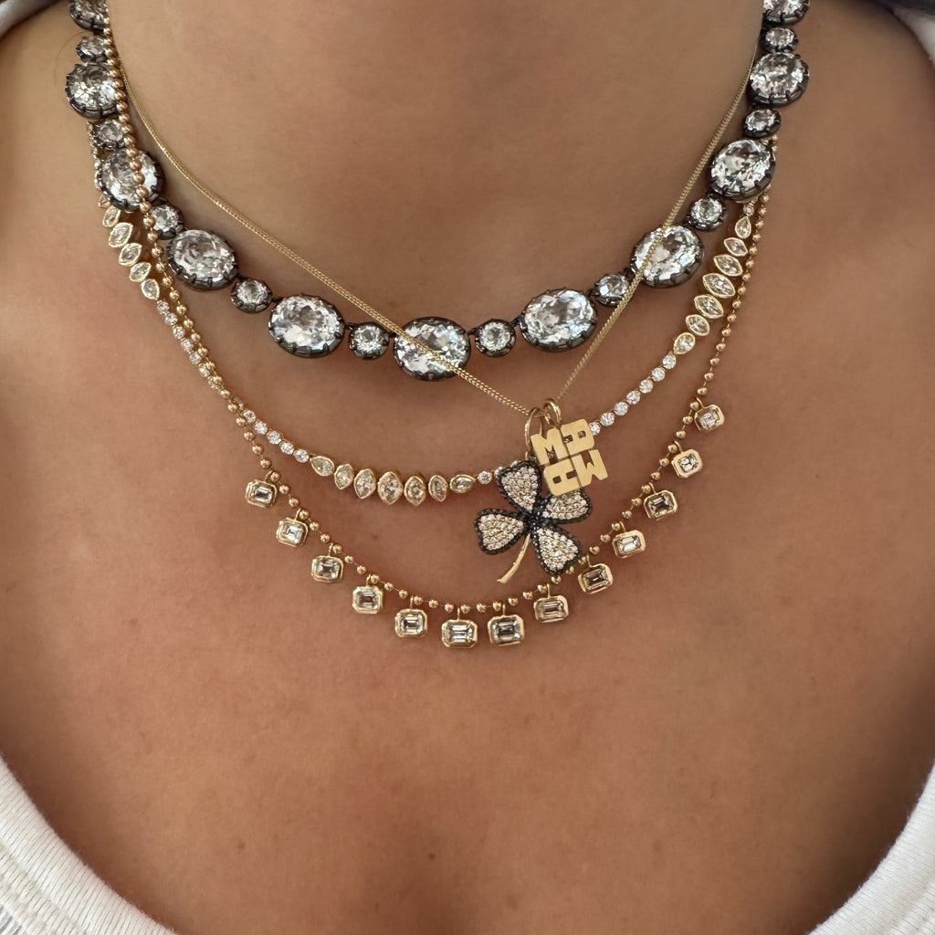 East West Emerald Cut Diamond Dangle Ball Chain Necklace