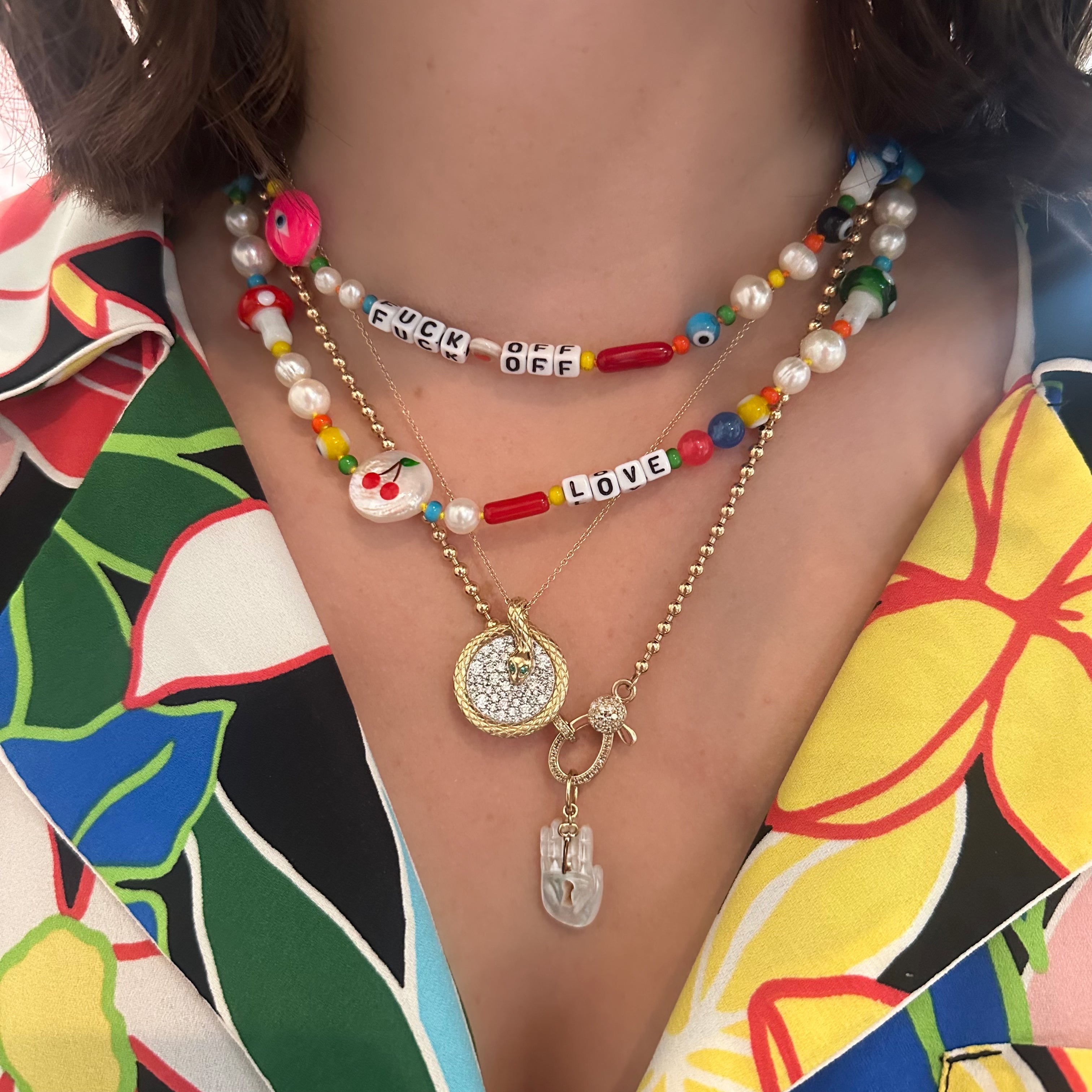 Fuck Off or Love Beaded Necklace with Icons & Hand Painted Pearl