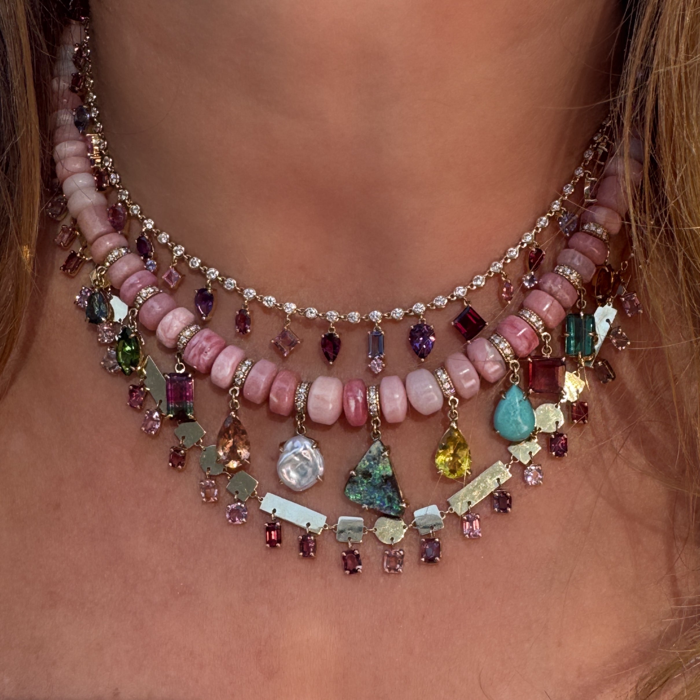 Graduated Pink Opal Beaded Necklace with Pave Diamond Gemstone Shakers