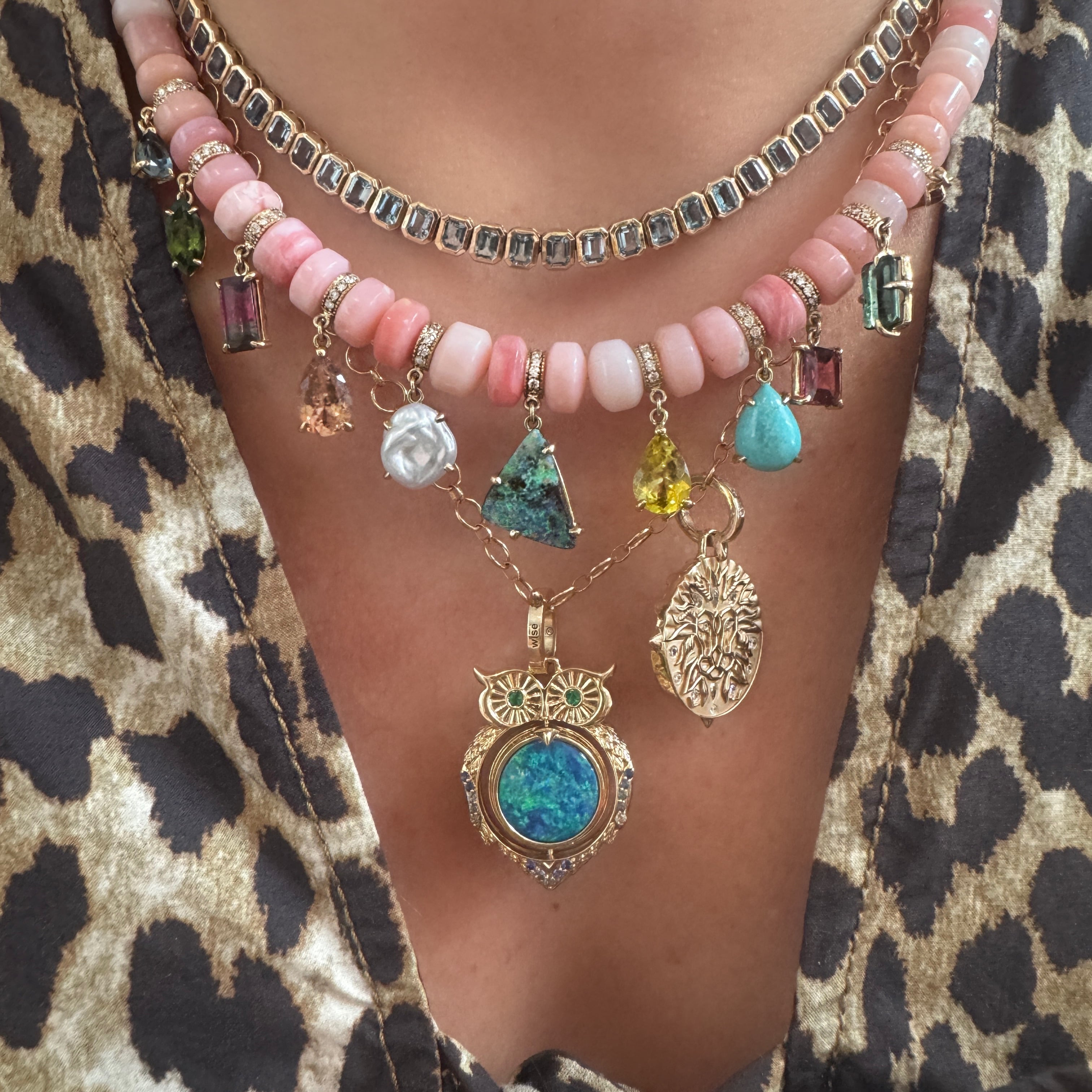 Graduated Pink Opal Beaded Necklace with Pave Diamond Gemstone Shakers