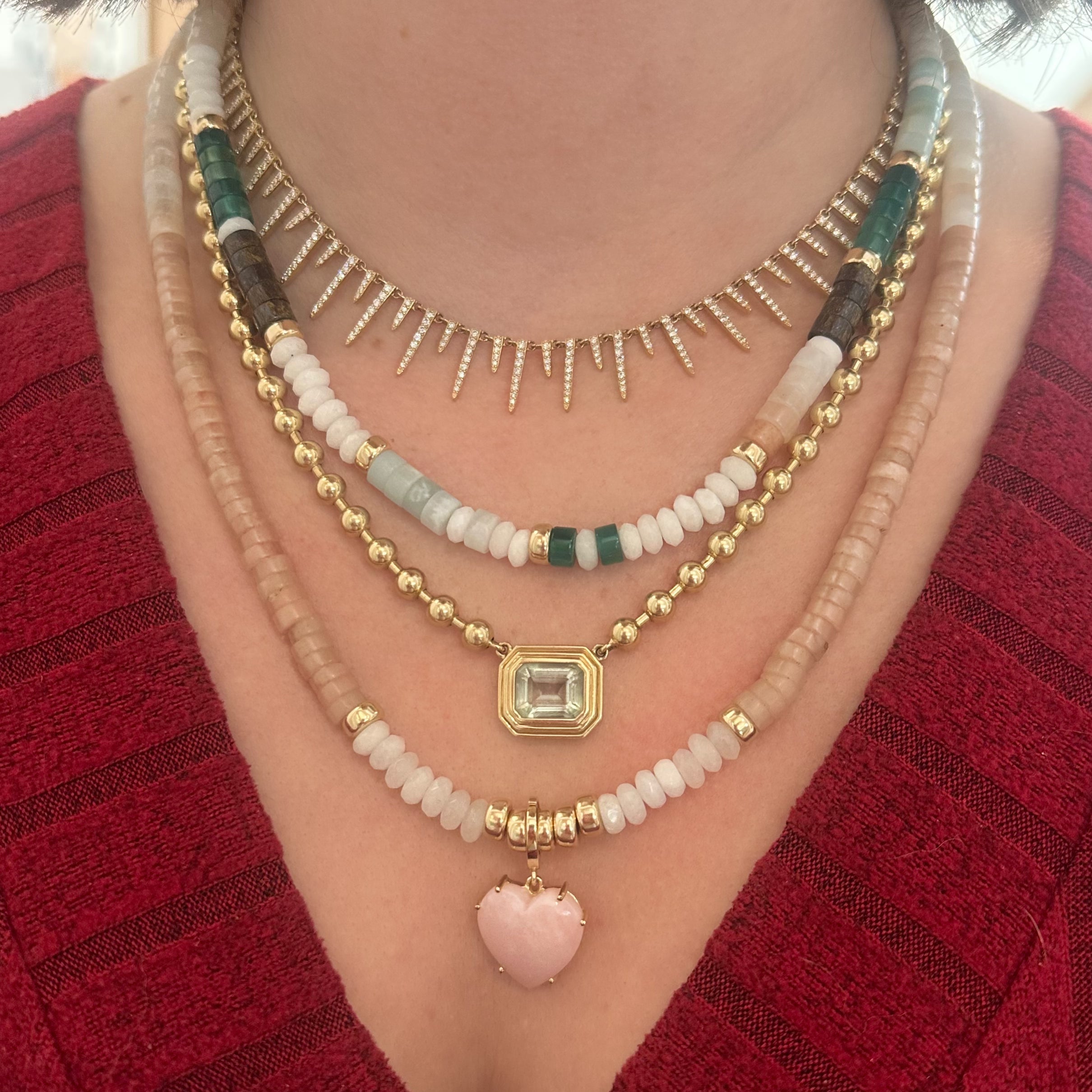 Agate, Bronzite, & White Opal Adjustable Beaded Necklace with Gold Beads