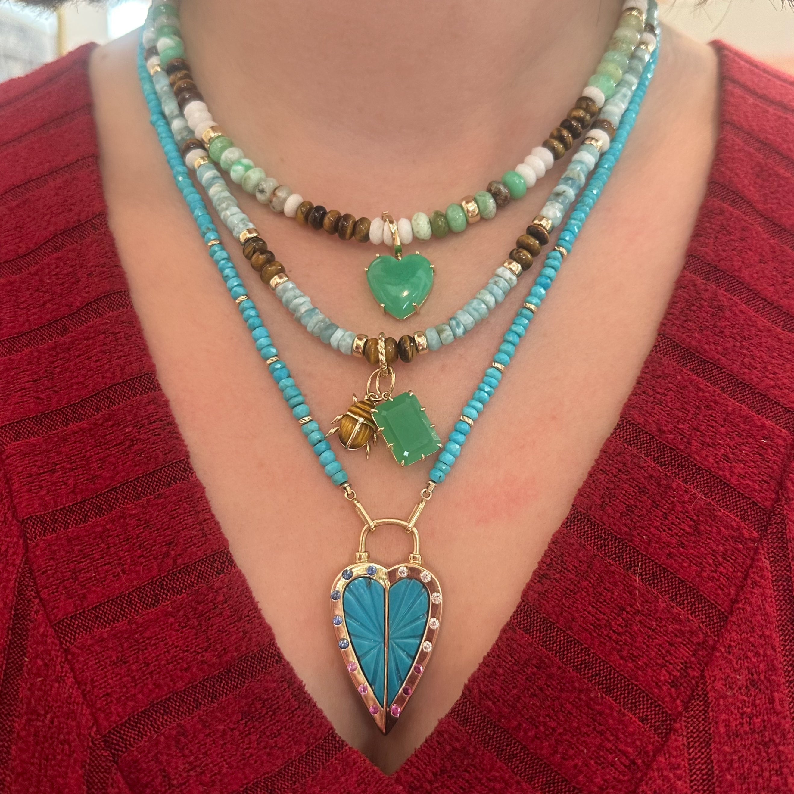 Chrysoprase, White Opal, & Tigers Eye Adjustable Beaded Necklace with Gold Beads