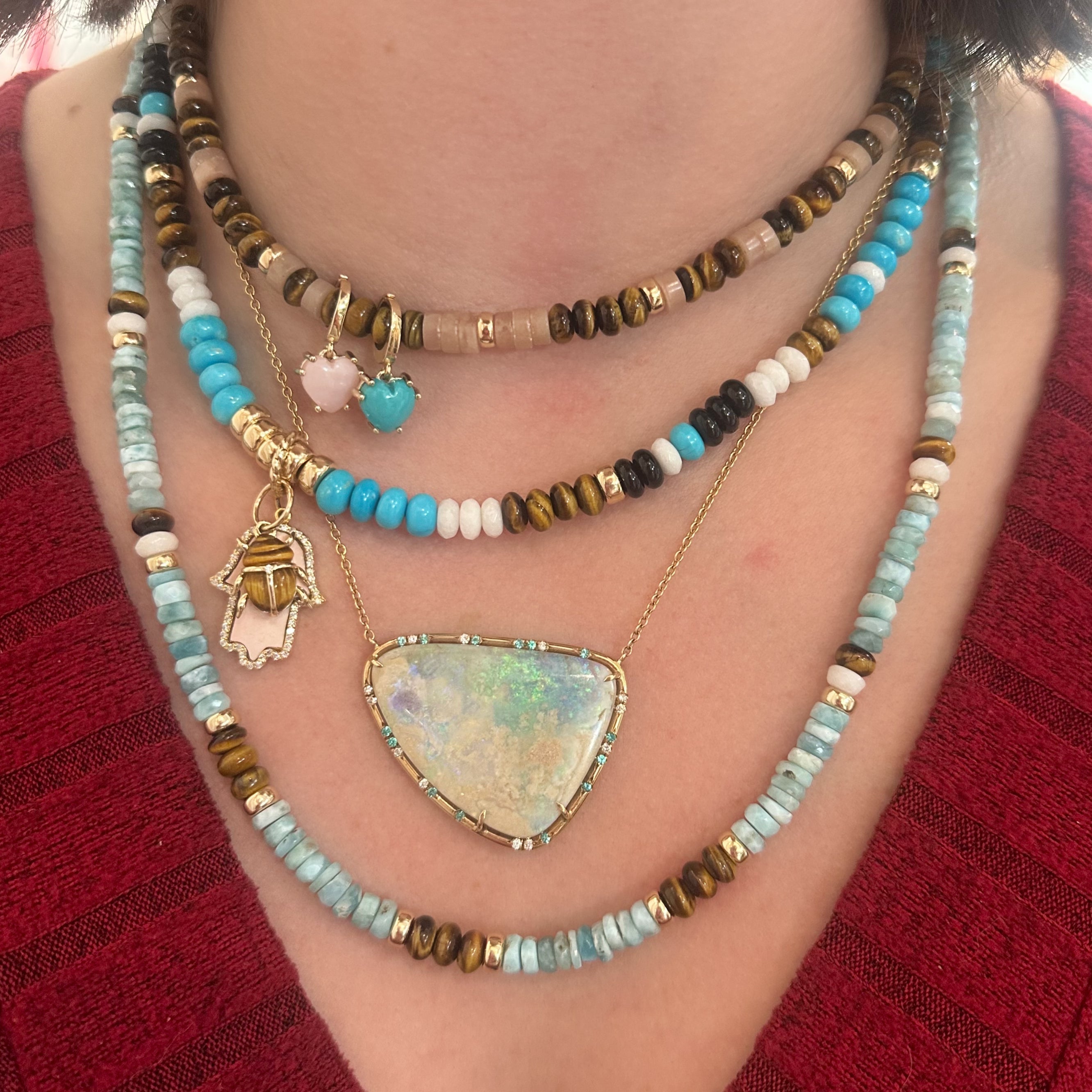 Larima, Tigers Eye & White Onyx Adjustable Beaded Necklace with Gold Beads