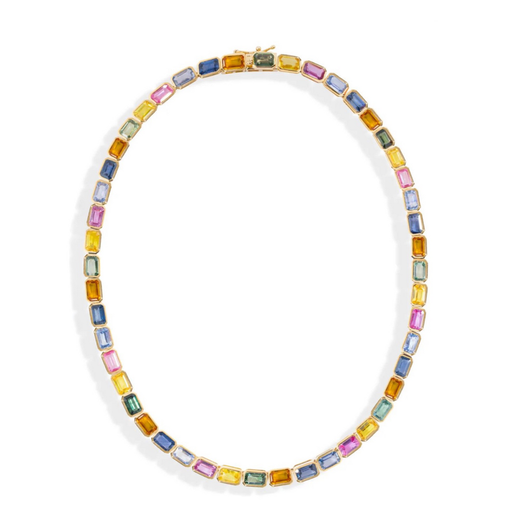 Mixed Bezel Set Emerald Cut Sapphire Tennis Necklace