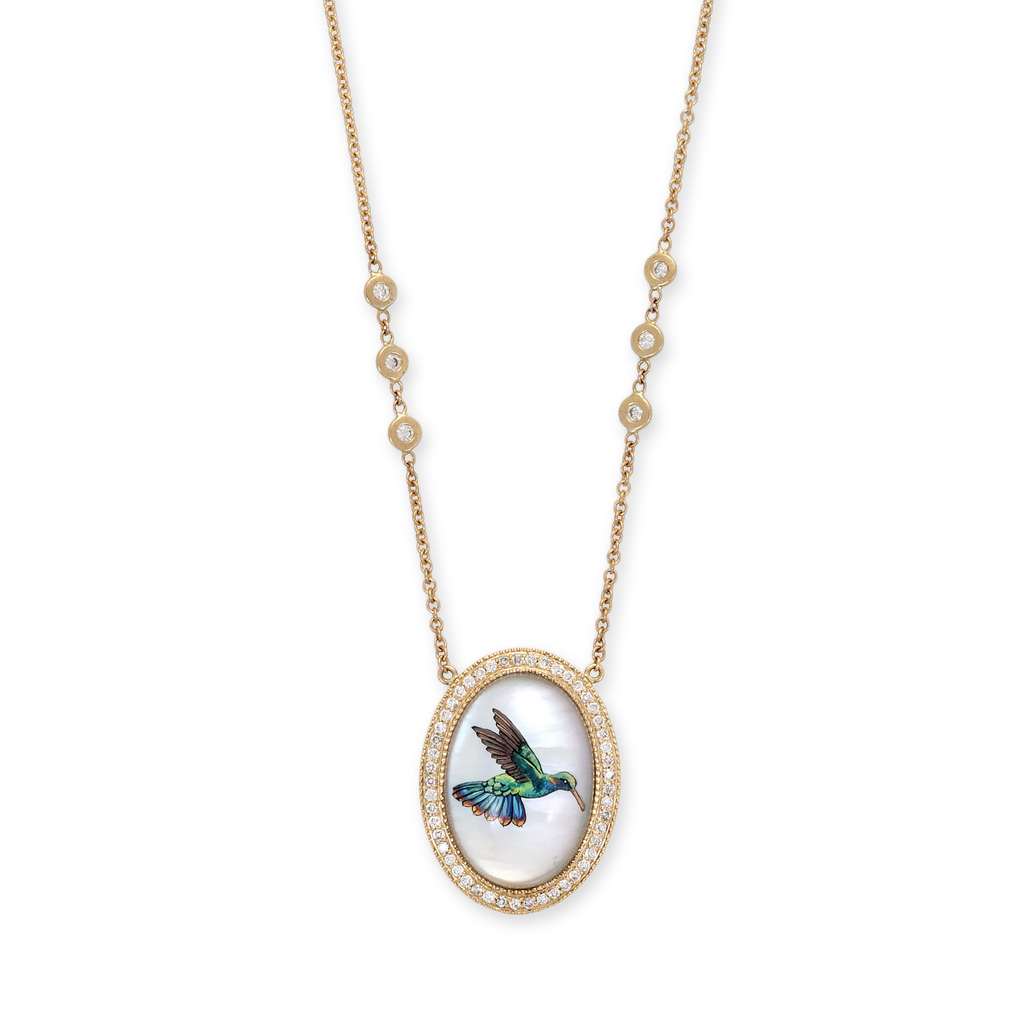 Large Pave Diamond Hand-Painted Mother of Pearl Hummingbird Necklace