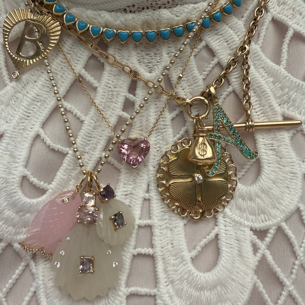 Large Pink Tourmaline Heart & Diamond Bezels Gem Candy Necklace