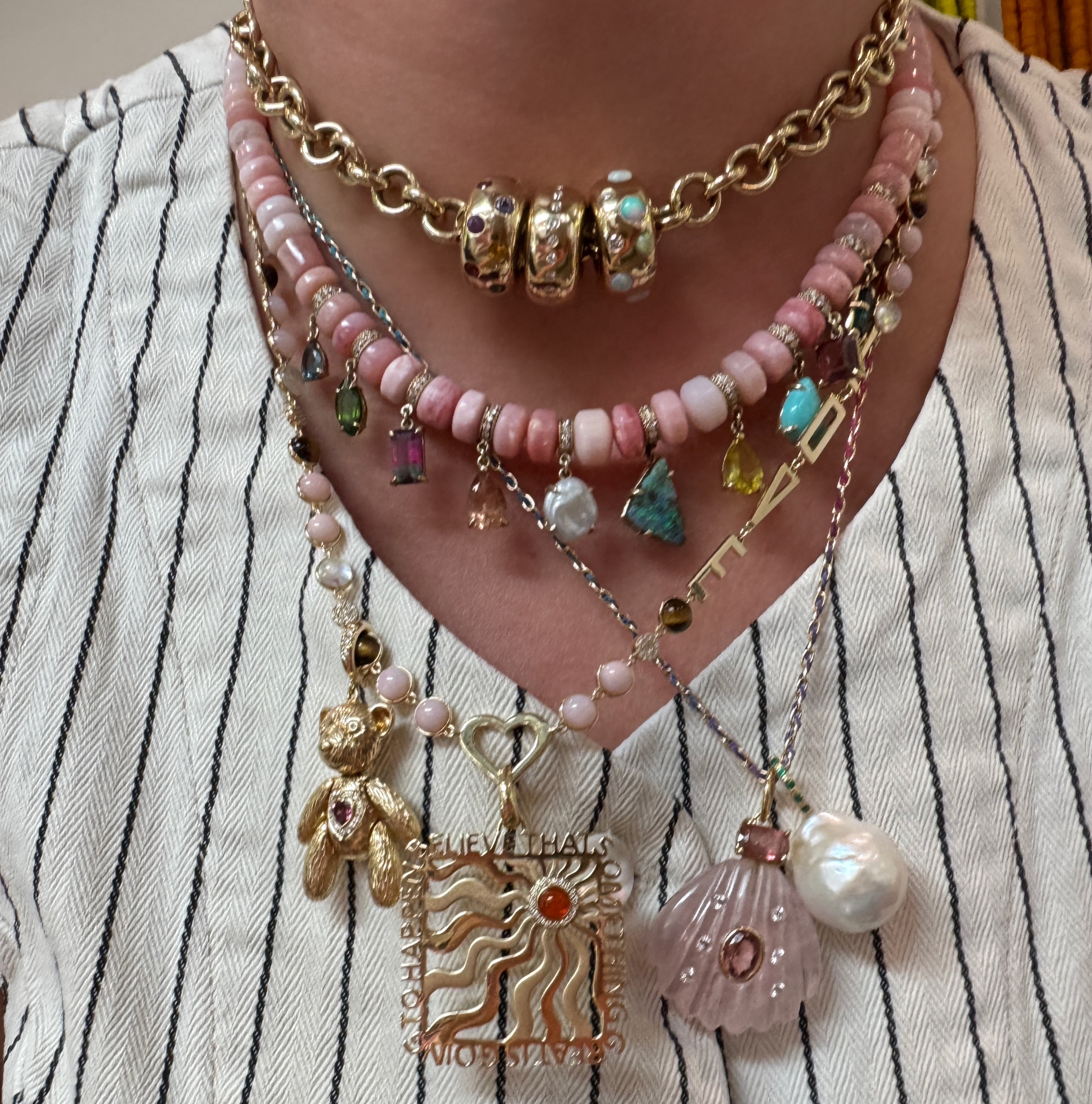 Graduated Pink Opal Beaded Necklace with Pave Diamond Gemstone Shakers