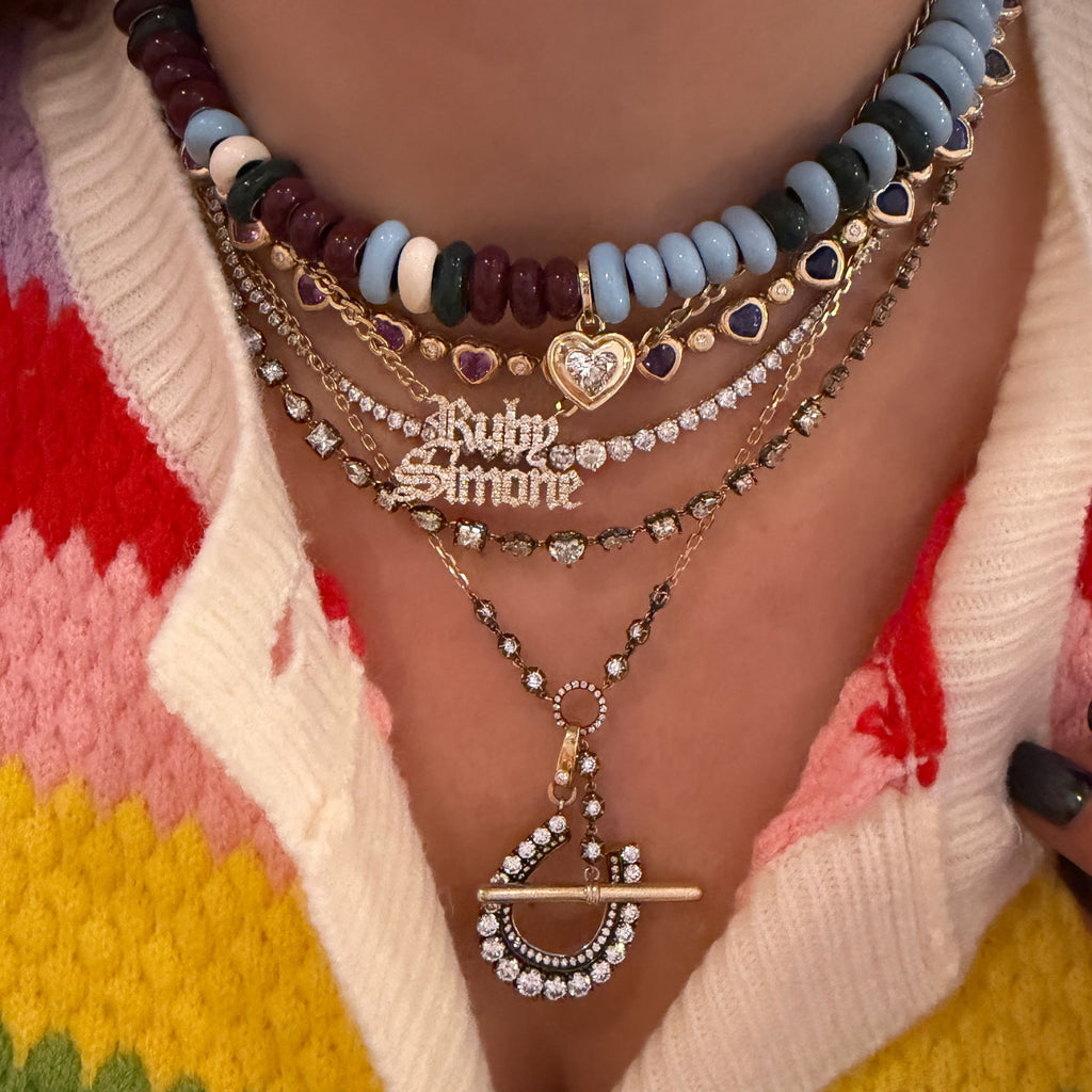 Mixed Sapphire & Diamond Bezel Set Heart Tennis Necklace