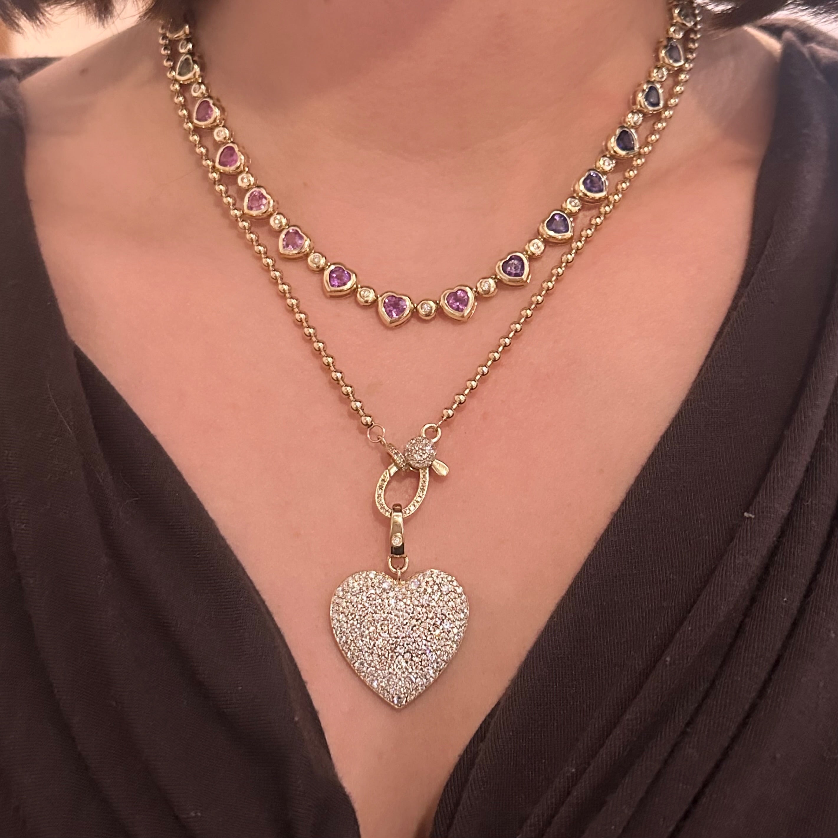 Mixed Sapphire & Diamond Bezel Set Heart Tennis Necklace