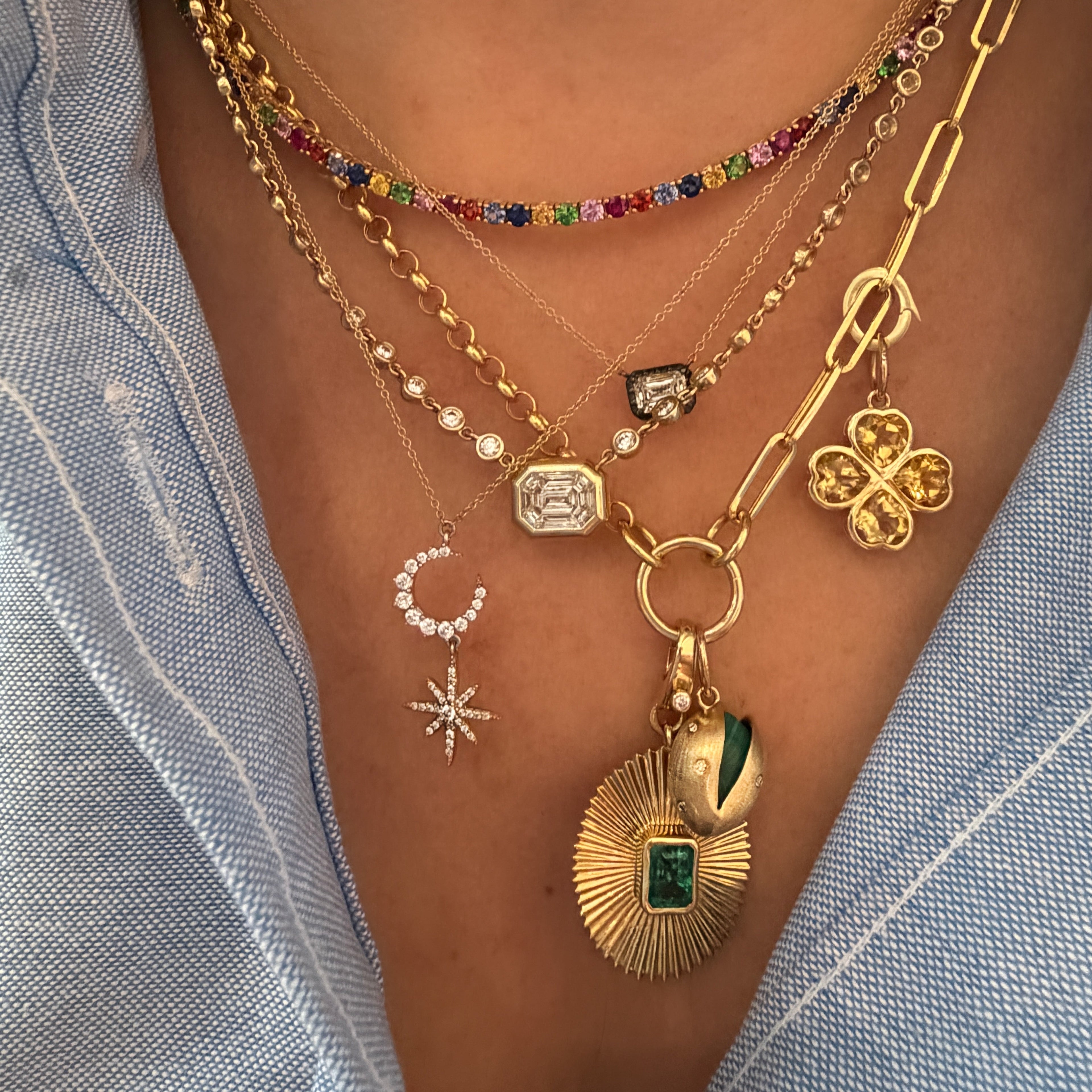 Diamond Crescent Moon & Star Dangle Necklace