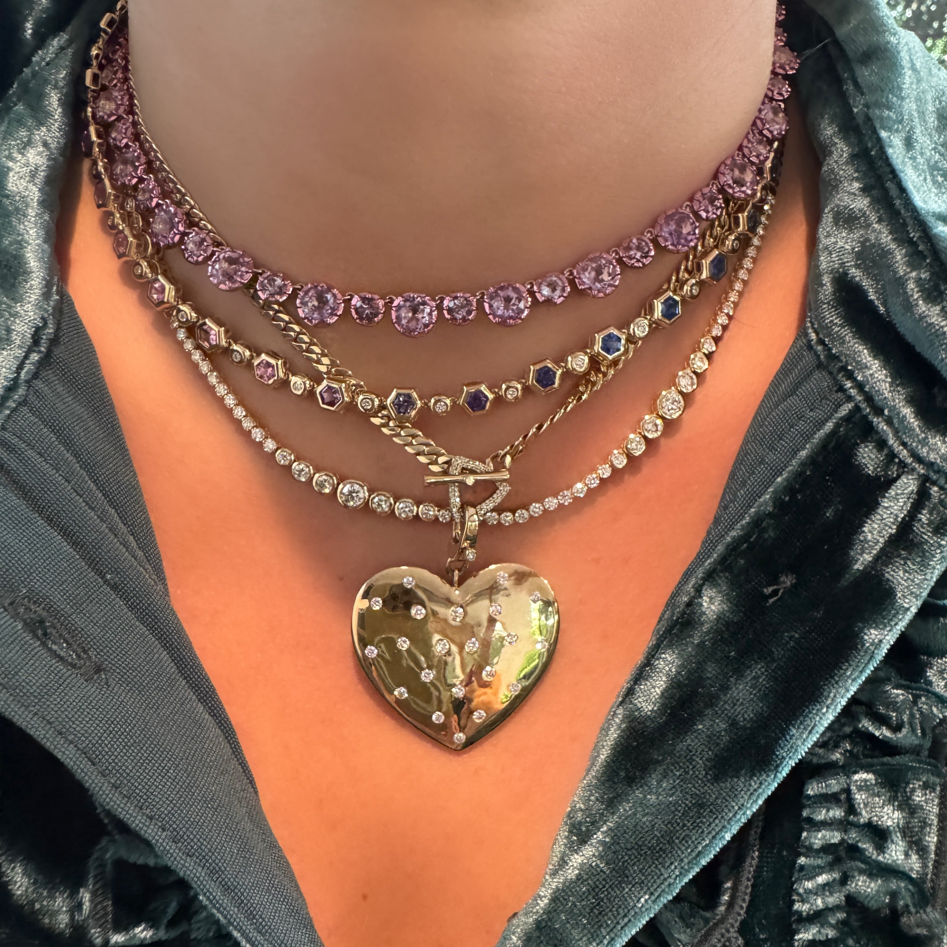 Mixed Sapphire & Diamond Bezel Set Hexagon Tennis Necklace