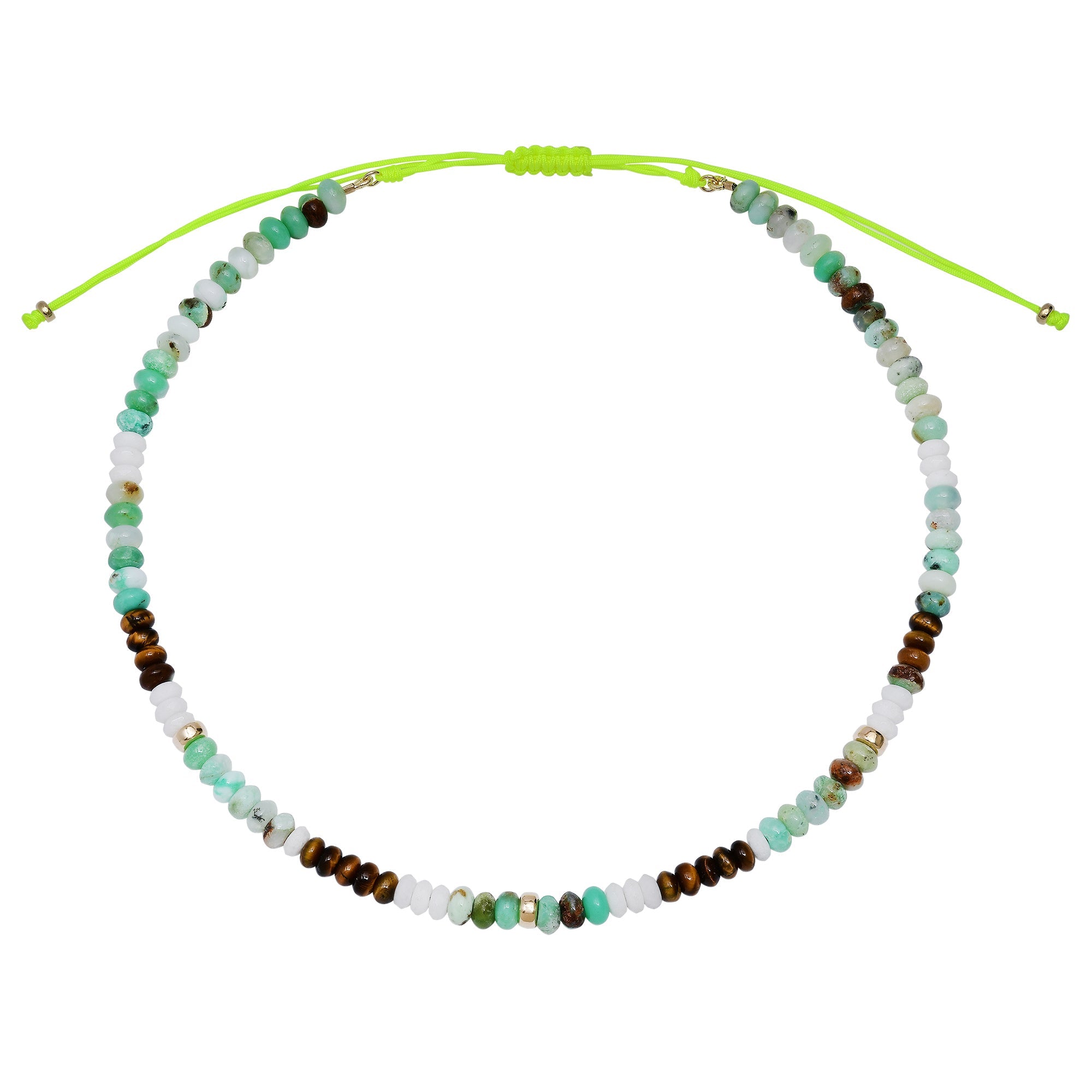 Chrysoprase, White Opal, & Tigers Eye Adjustable Beaded Necklace with Gold Beads